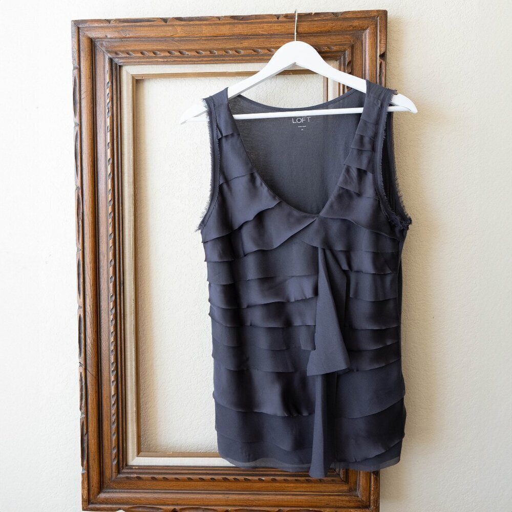 LOFT Sleeveless Ruffle Blouse M | Gray Layered Tie Front Top